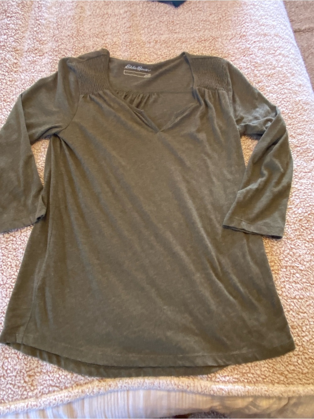 Eddie Bauer Olive Green V‑Neck Smocked Shoulder Tunic
